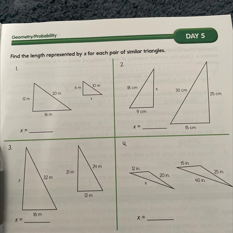 Find the length represented by x for each pair of similar triangles-example-1