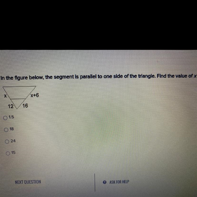 Help! A. 1.5 B. 18 C. 24 D. 15-example-1