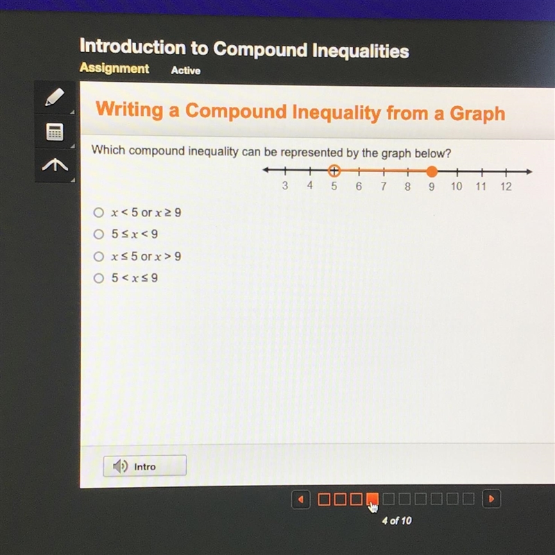 Which compound inequality can be represented by the graph below?-example-1