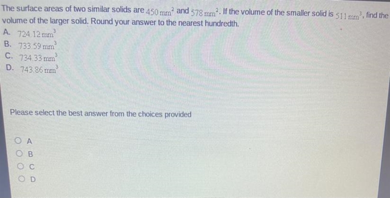 The surface areas of two similar solids are 450 mm? and 578 mm?. If the volume of-example-1