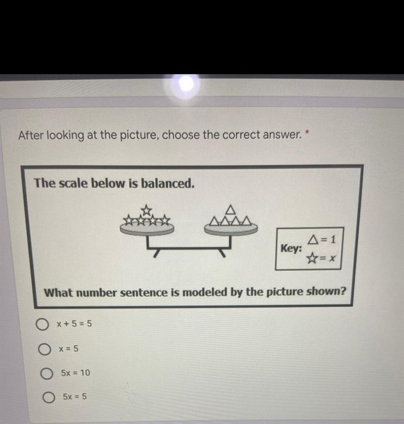 The scale below is balanced.A = 1Key:☆ = xWhat number sentence is modeled by the picture-example-1