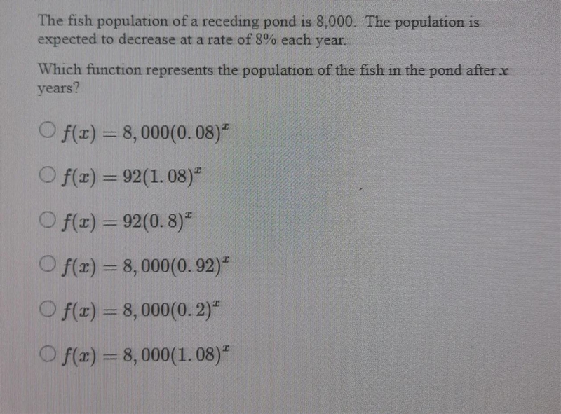 The fish population of a receding pond is 8,000. The population is expected to decrease-example-1