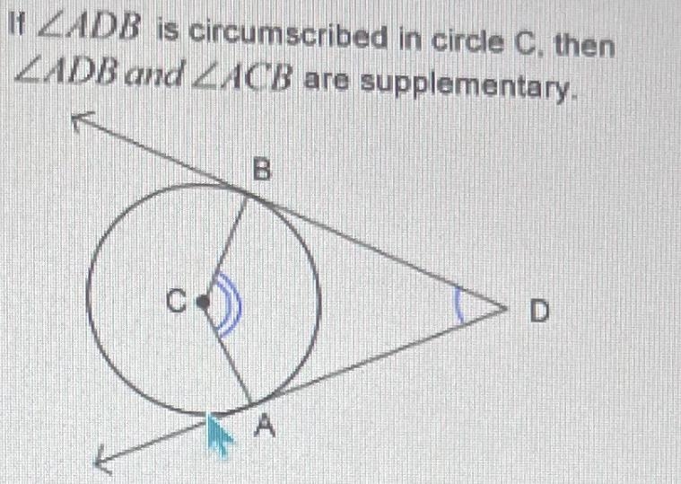 The Circumscribed Angle Theorem states that a circumscribed angle of a circle and-example-1