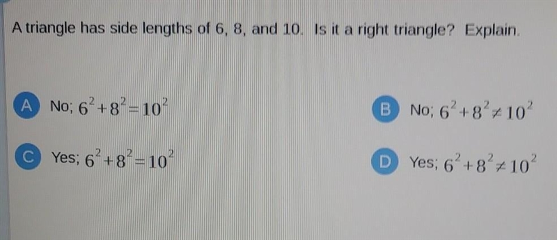 A triangle has side lengths or 6, 8, and 10. Is it a right triangle? Explain(}*THIS-example-1