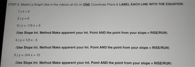 all (5) on ONE Coordinate Plane & LABEL EACH LINE WITH THE EQUATION: 1.) x = 2 2.) y-example-1
