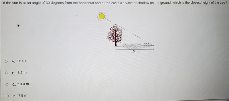 J Pause If the sun is at an angle of 30 degrees from the horizontal and a tree casts-example-1