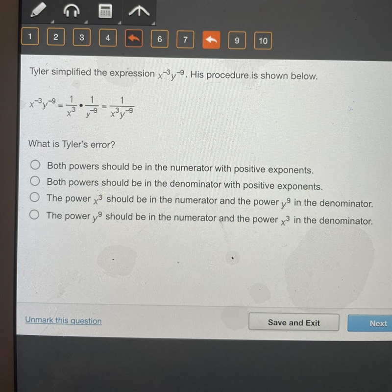 Tyler simplified the expression x³y9. His procedure is shown below. 1 31/1 ³y-9 What-example-1