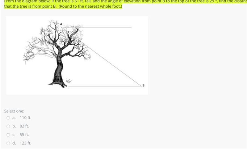 From the diagram below, if the tree is 61 ft. tall, and the angle of elevation from-example-1