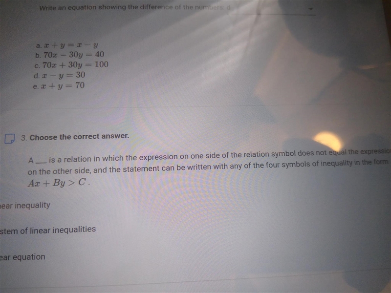 Choose which answer,Liner inequality system of linear inequalities,or linear equation-example-1