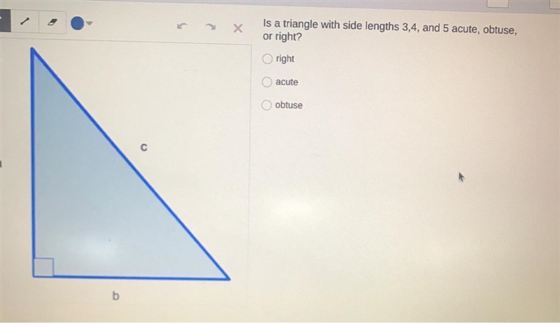 XIs a triangle with side lengths 3,4, and 5 acute, obtuse,or right?OrightO acuteO-example-1