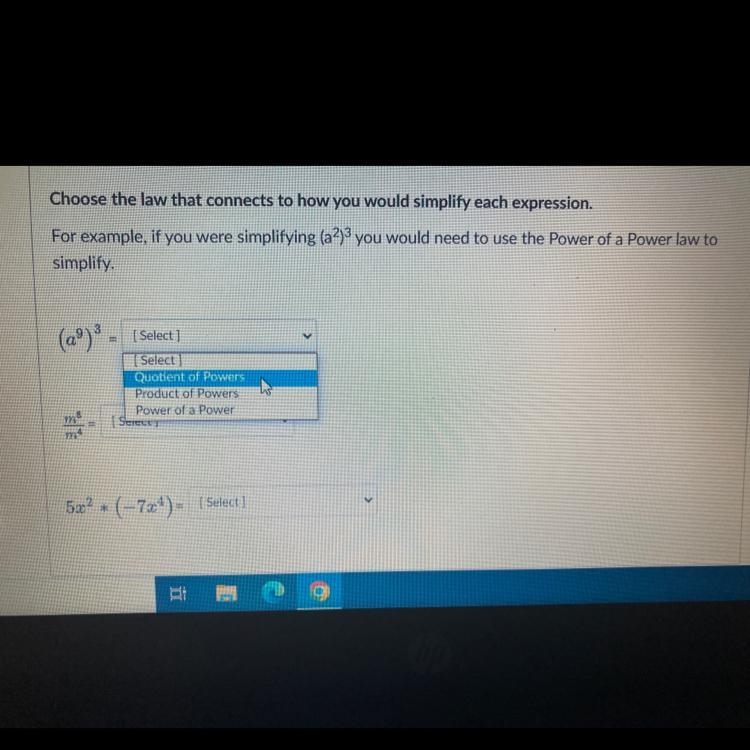 Choose the law that connects to how you would simply each expression.-example-1