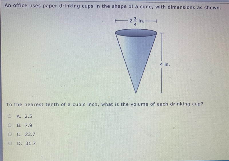 An office uses paper drinking cups in the shape of a cone, with dimensions as shown-example-1