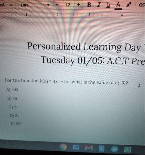 For the function h(x)= 4x^ - 5x, what is the value of h(-3)?-example-1