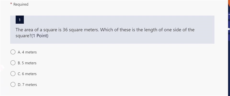 The area of a square is 36 square meters. Which of these is the length of one side-example-1