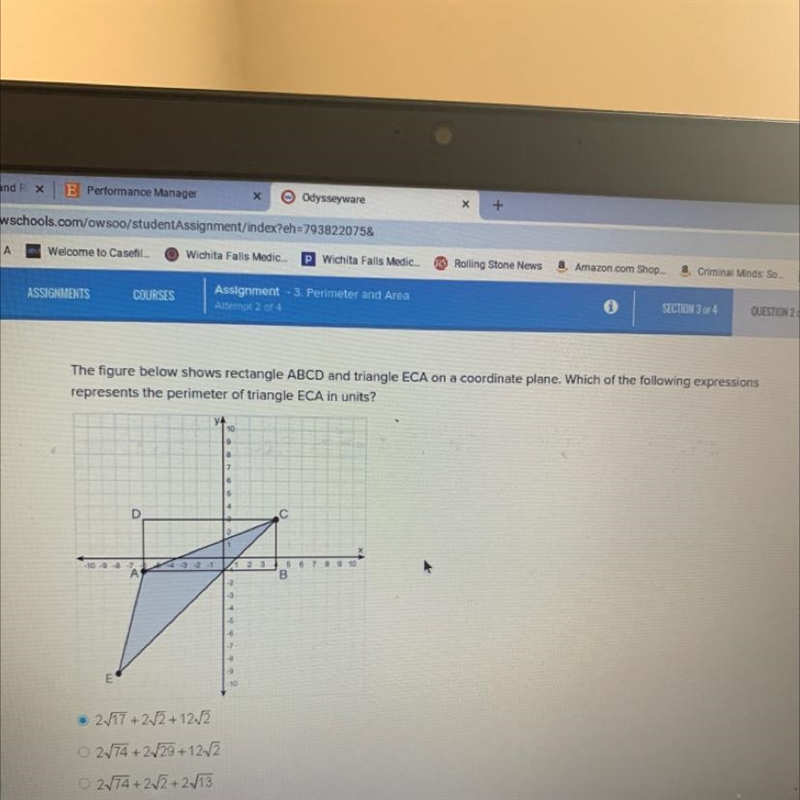 The figure below shows rectangle ABCD and triangle ECA on a coordinate plane which-example-1