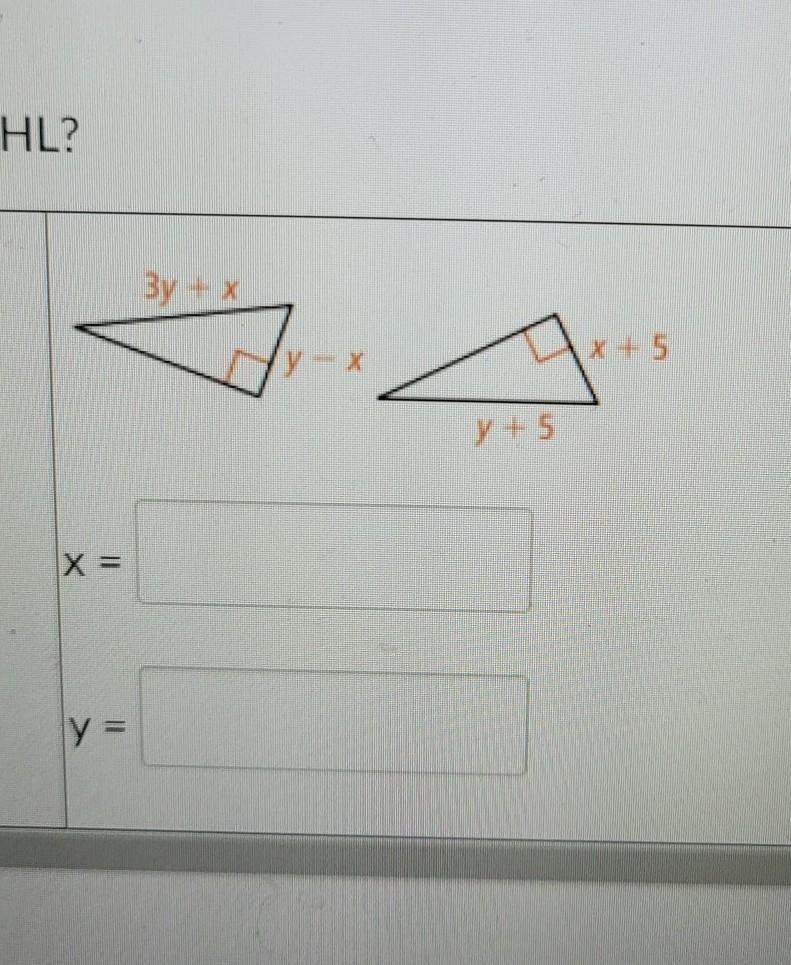 Find the value of the variables make the hypotonuses congruent and the legs congruent-example-1