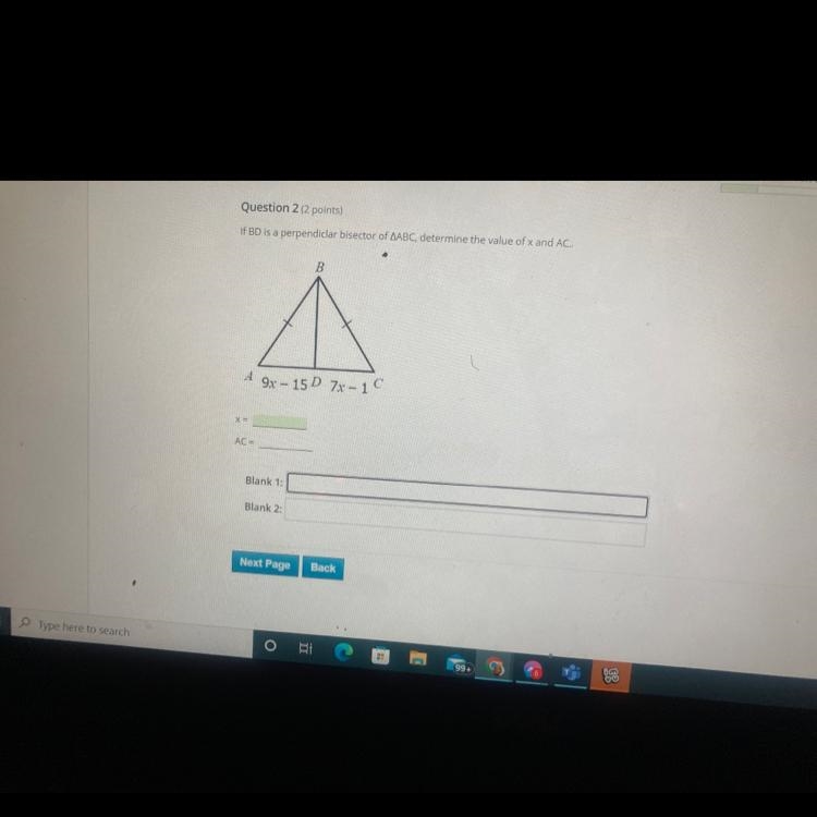 If BD is a perpendiclar bisector of AABC, determine the value of x and AC.A 9x-15D-example-1