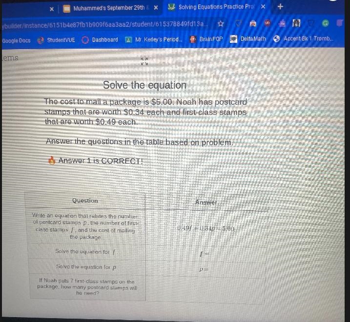 0.49f + 0.34p = 5.00 solve for f and p-example-1