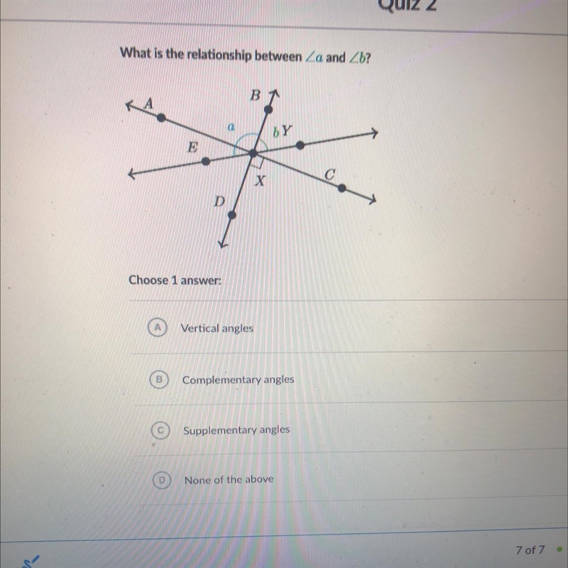 What is the relationship between Za and Zb?BCbYXDChoose 1 answer:Vertical anglesComplementary-example-1