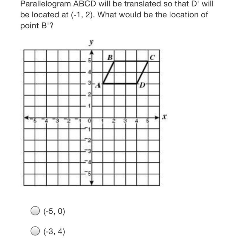 Parallelogram ABCD will be translated so that D' will be located at (1, 2). What would-example-1