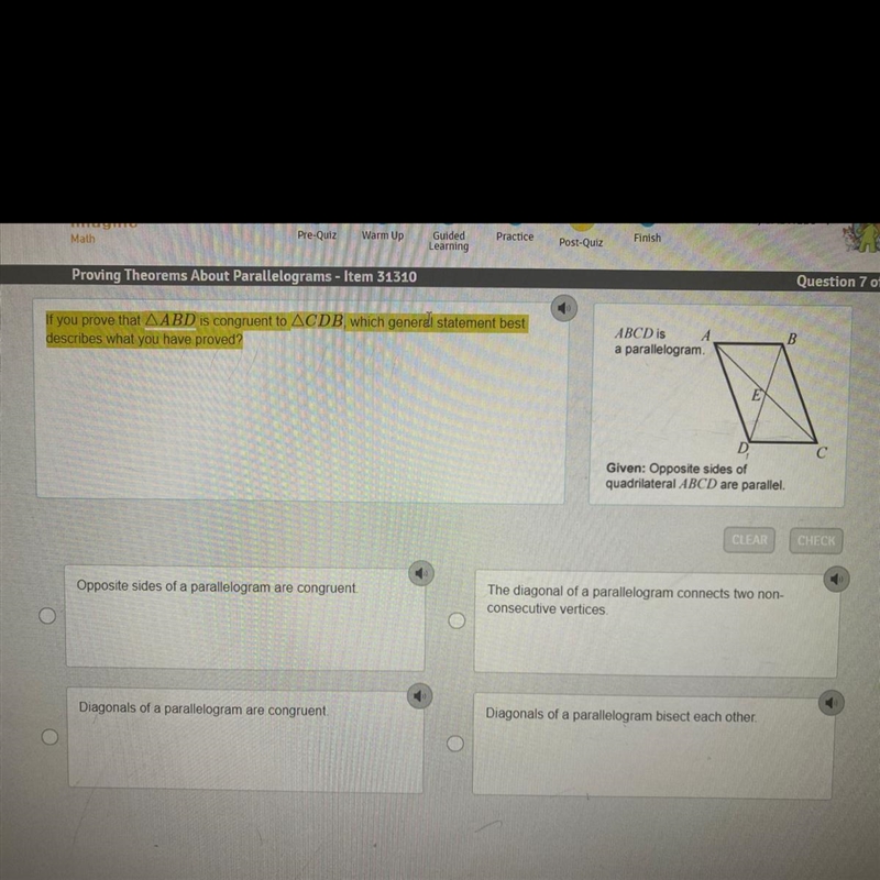 If you prove that abd is congruent to cdb which general statement best describes what-example-1