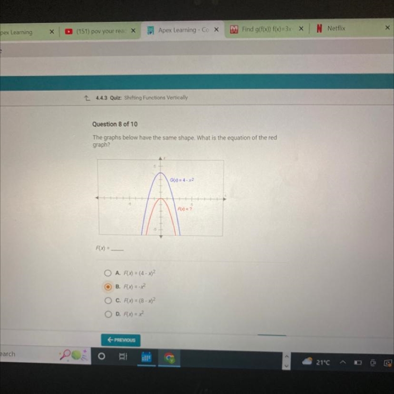 The graphs below have the same shape. What is the equation of the red graph?G(x)= 4 - x-example-1