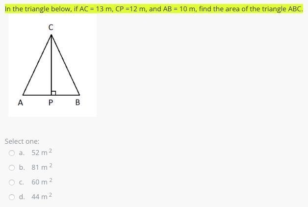 In the triangle below, if AC = 13 m, CP =12 m, and AB = 10 m, find the area of the-example-1