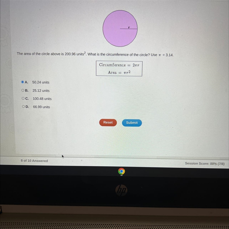 The area of the circle above is 200.96 units? What is the circumference of the circle-example-1