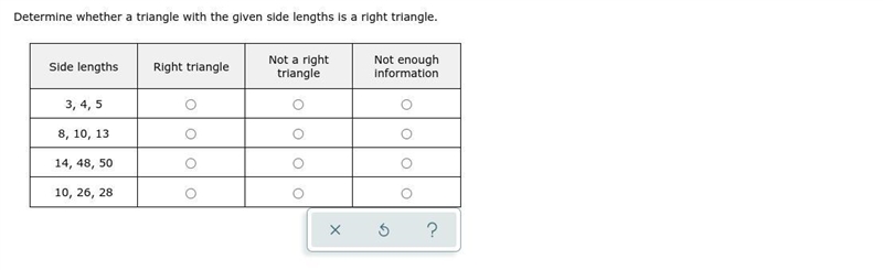 Determine whether a triangle with the given side lengths is a right triangle.-example-1