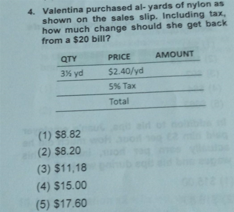 4. Valentina purchased al-yards of nylon as shown on the sales slip. Including tax-example-1