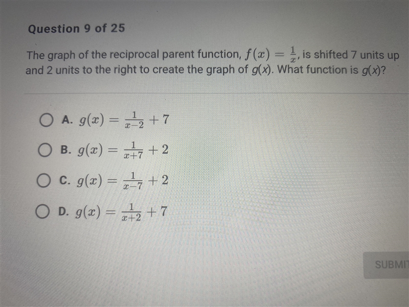 Please Help. Functions and Relations. The graph of the parent function, f(x)= 1/x-example-1