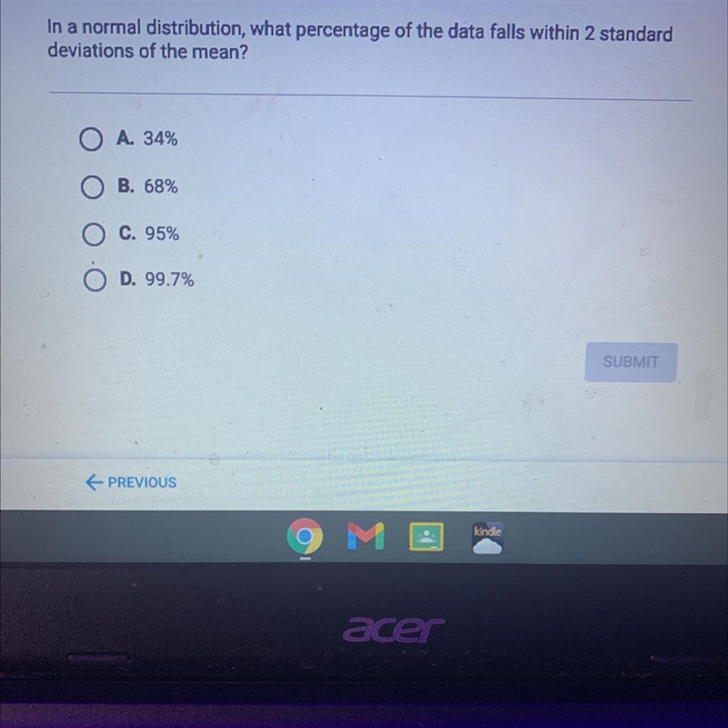 In a normal distribution, what percentage of the data falls within 2 standarddeviations-example-1