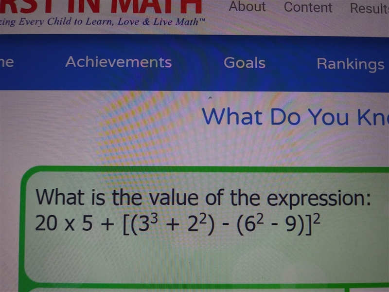 What is the value of the expression:20×5+[27+4)-(36-9)] to the power of 2-example-1