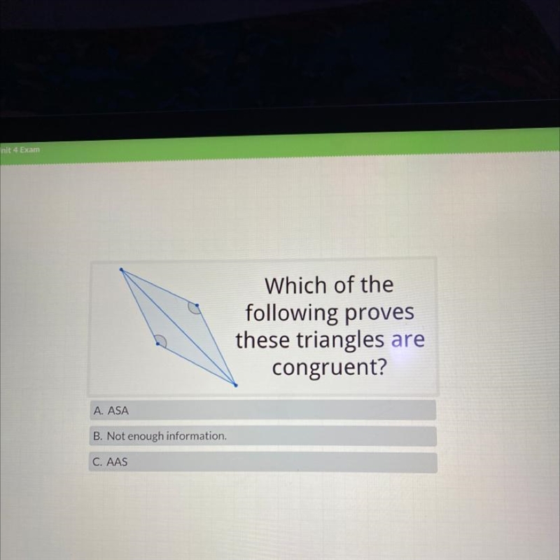 Which of the following proves these triangles are congruent A. ASA B. Not enough information-example-1