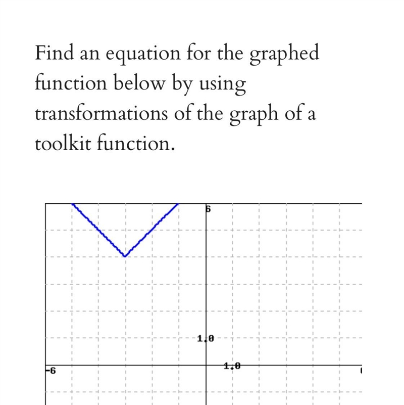 Find an equation for the graphed function below by using transformations of the graph-example-1