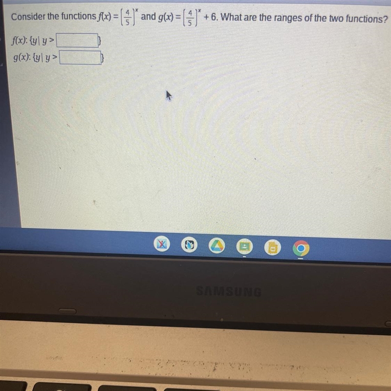 Consider the functions f(x)=(4/5)* + 6 what are the ranges of the two functions-example-1