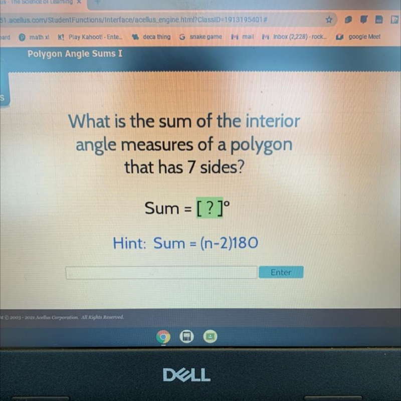 What is the sum of the interiorangle measures of a polygonthat has 7 sides?Sum = [?]°Hint-example-1