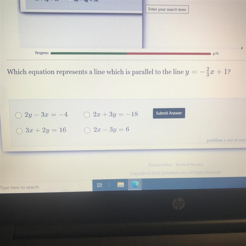 Which equation represents a line which is parallel to the line y=-2/3x+1-example-1