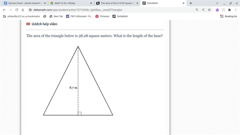 The area of the triangle below is 38.28 square meters. What is the length of the base-example-1