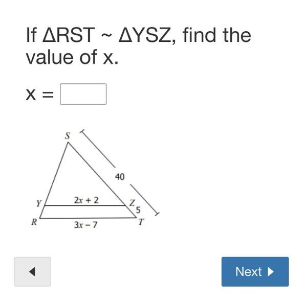 If ∆RST ~ ∆YSZ, find the value of x.-example-1