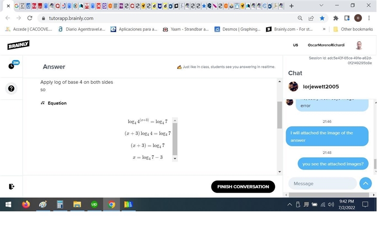 Explain how solve 4^(x+3)=7 using the change of base formula: (imaged below). Include-example-3