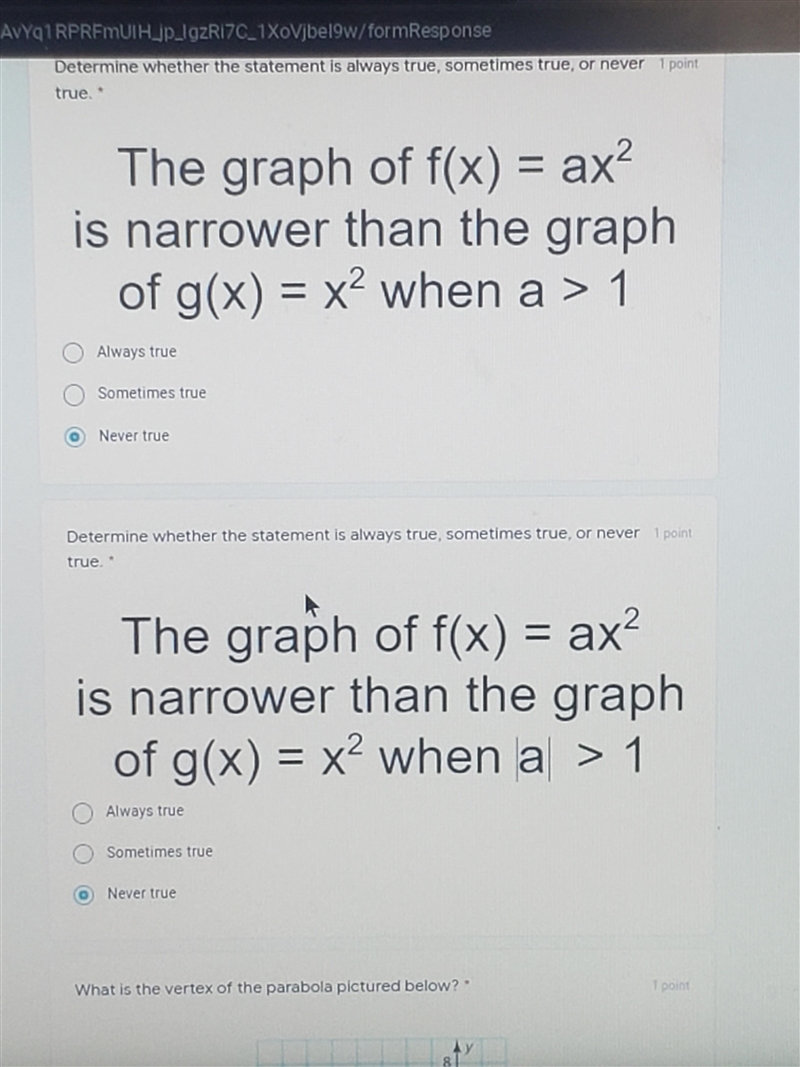 IS dlways ue. The graph of f(x) = ax? is narrower than the graph of g(x) = x² when-example-1