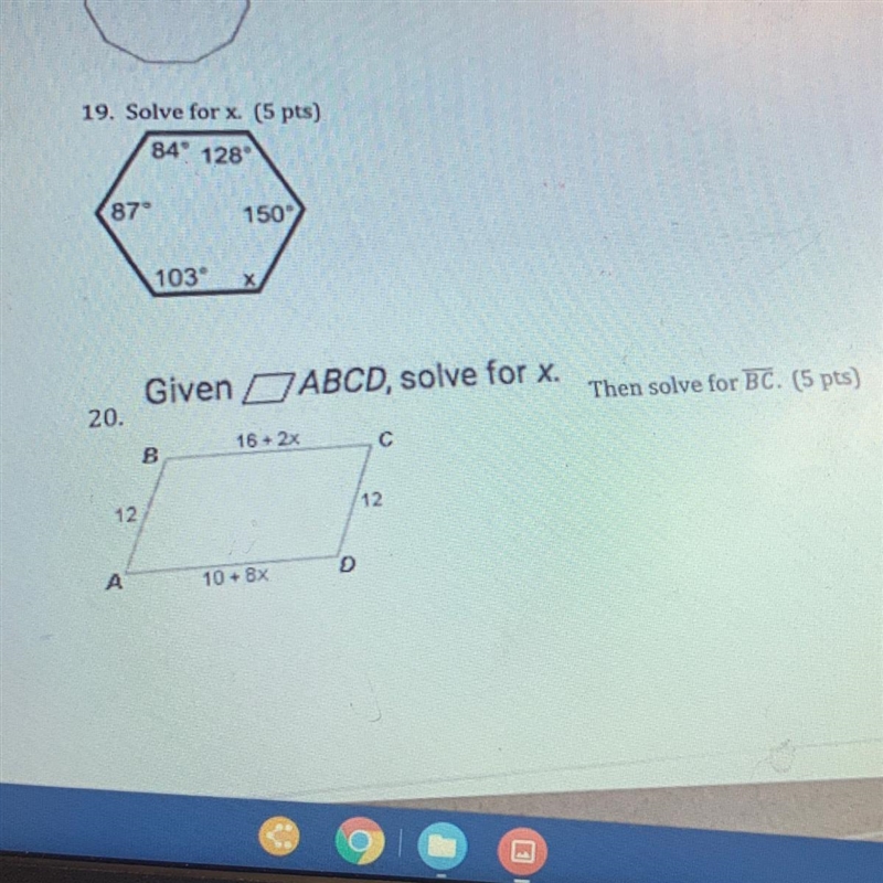 Given ABCD, solve for X.Then solve for BC. (5 pts)20.16 - 2xСB1212A10 + 8x(#20) on-example-1