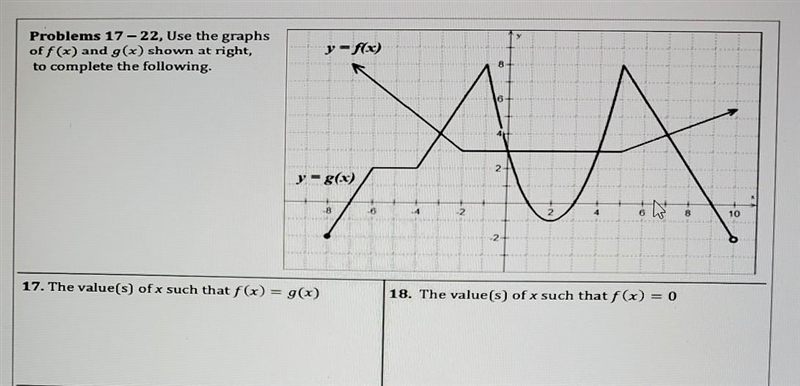 17. highlight where values show f(x) = g(x) and what is the answer18. highlight where-example-1