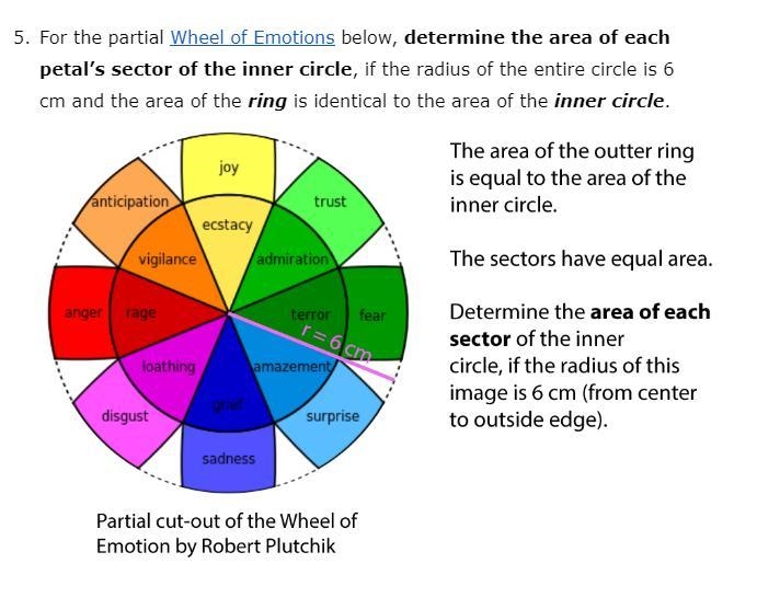 For the partial Wheel of Emotions below, determine the area of each petal’s sector-example-1