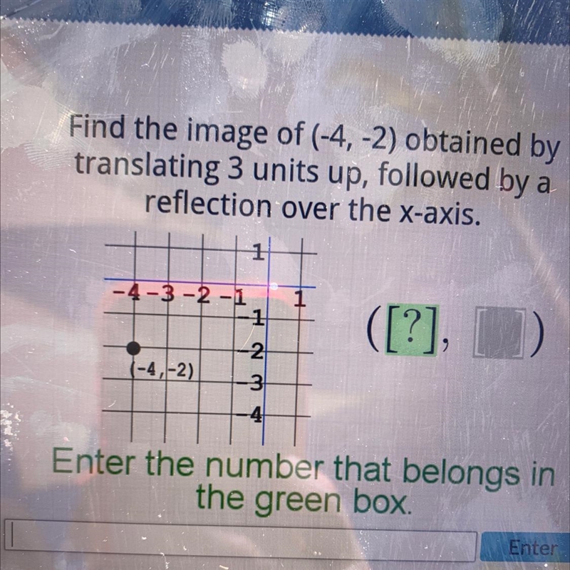 Find the image of (-4,-2) obtained bytranslating 3 units up, followed by areflection-example-1