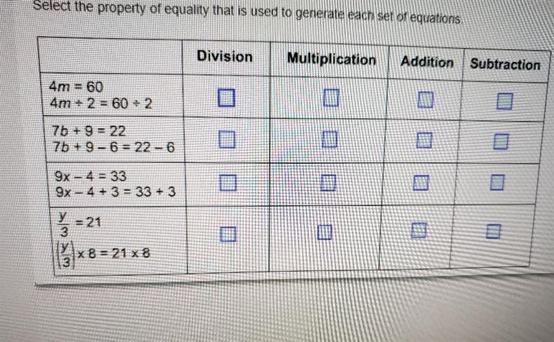 Select the property of equality that is used to generate each set of equations. Division-example-1