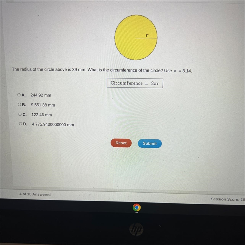 The radius of the circle above is 39 mm. What is the circumference of the circle? Use-example-1