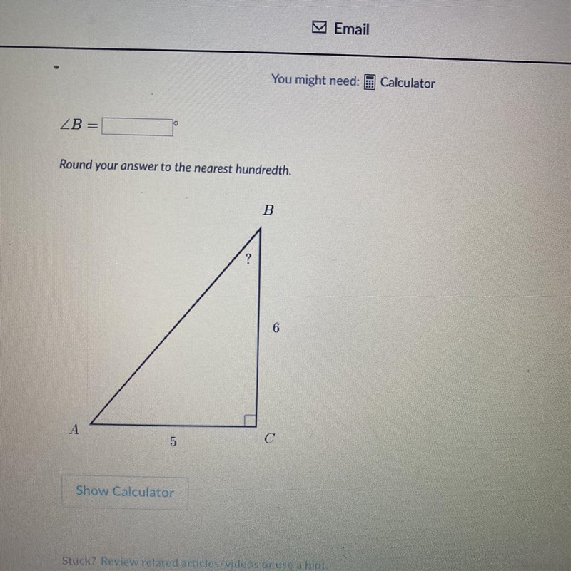 Solve for an angle in right triangles. Round to the nearest hundredth-example-1