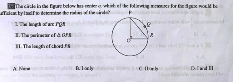 17. The circle in the figure below has center o_{i} which of the following measures-example-1